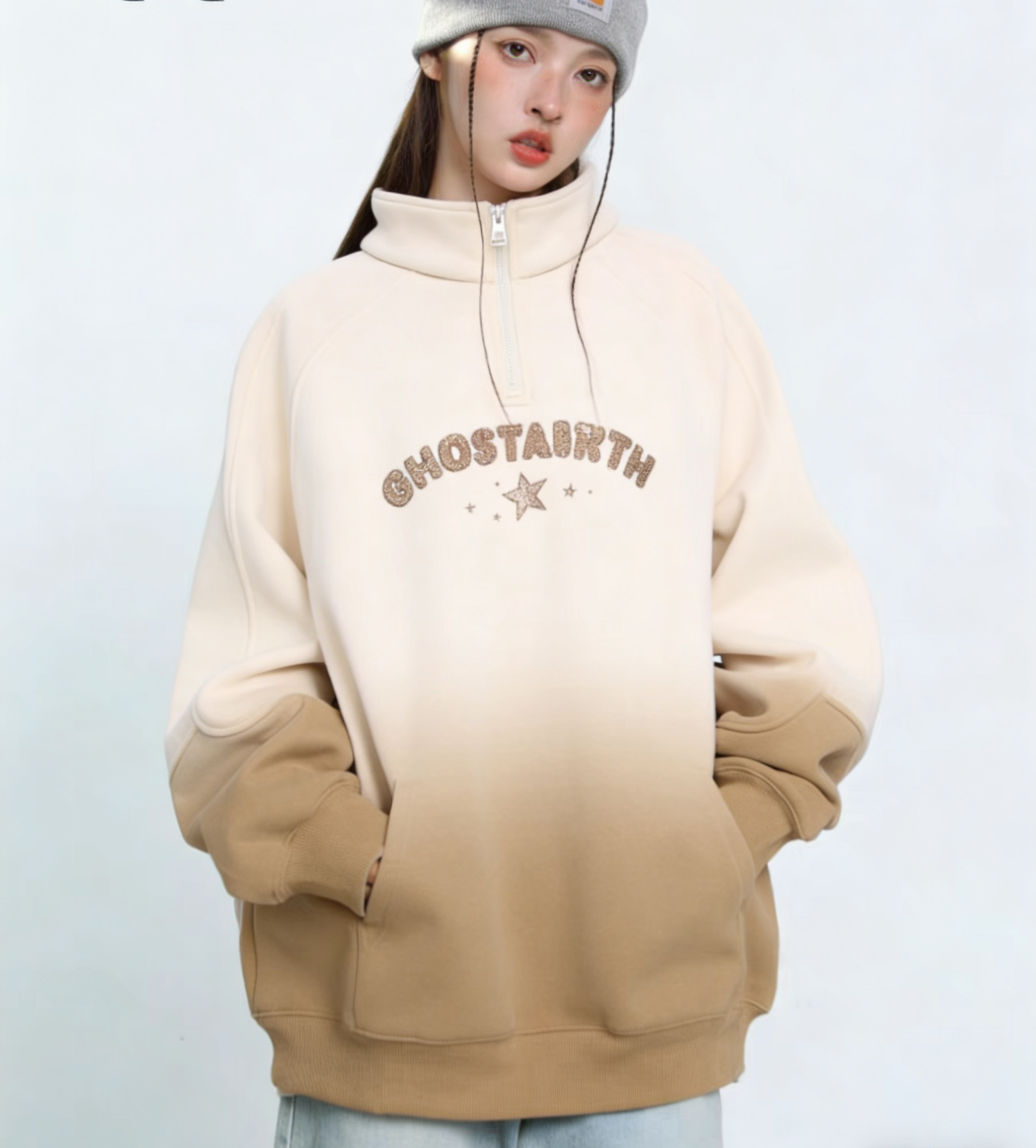 女大童卫衣2025新款洋气初中生加绒加厚半拉链立领上衣高中生外套