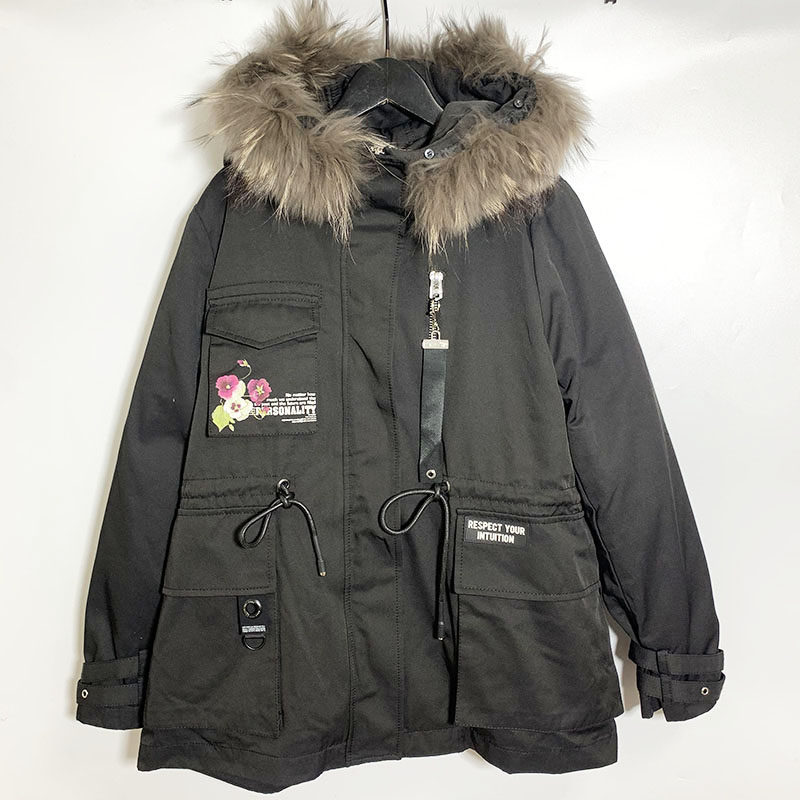 圣迪家女士时尚高领连帽真毛条收腰插袋搭袢两件套羽绒服62