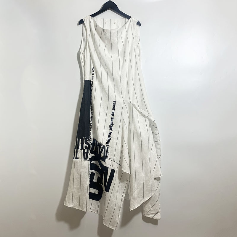 圣迪剪标女士无袖堆堆领印染全亚麻连衣裙12A1