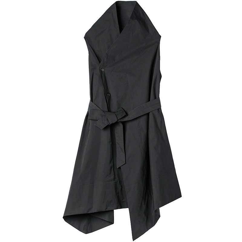 圣迪家女式时尚斜襟腰带立领马夹对称插袋1637