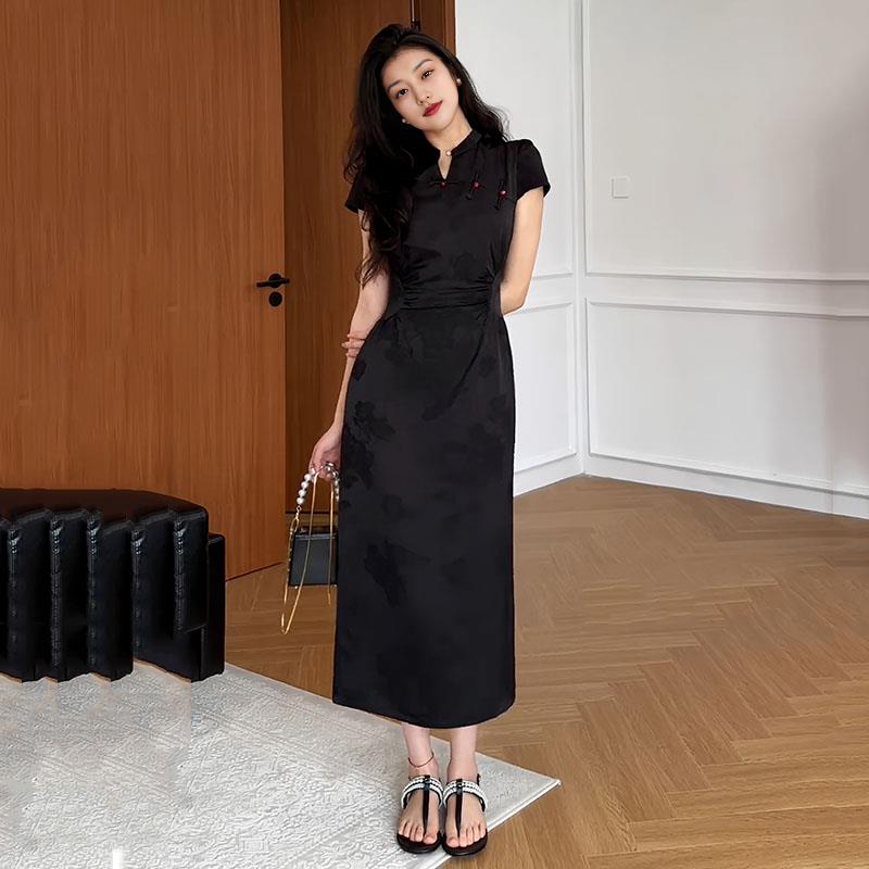 大码新中式立领提花旗袍连衣裙女夏季胖mm收腰遮肚显瘦气质小黑裙
