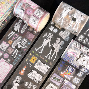 Agugu韩系闪砂胶带 拼凑的时间系列卡通可爱少女手帐基础装饰贴纸