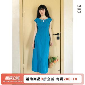 BUD八得 2025夏新款孔雀蓝复古端庄大气连衣裙大方得体显瘦长裙女