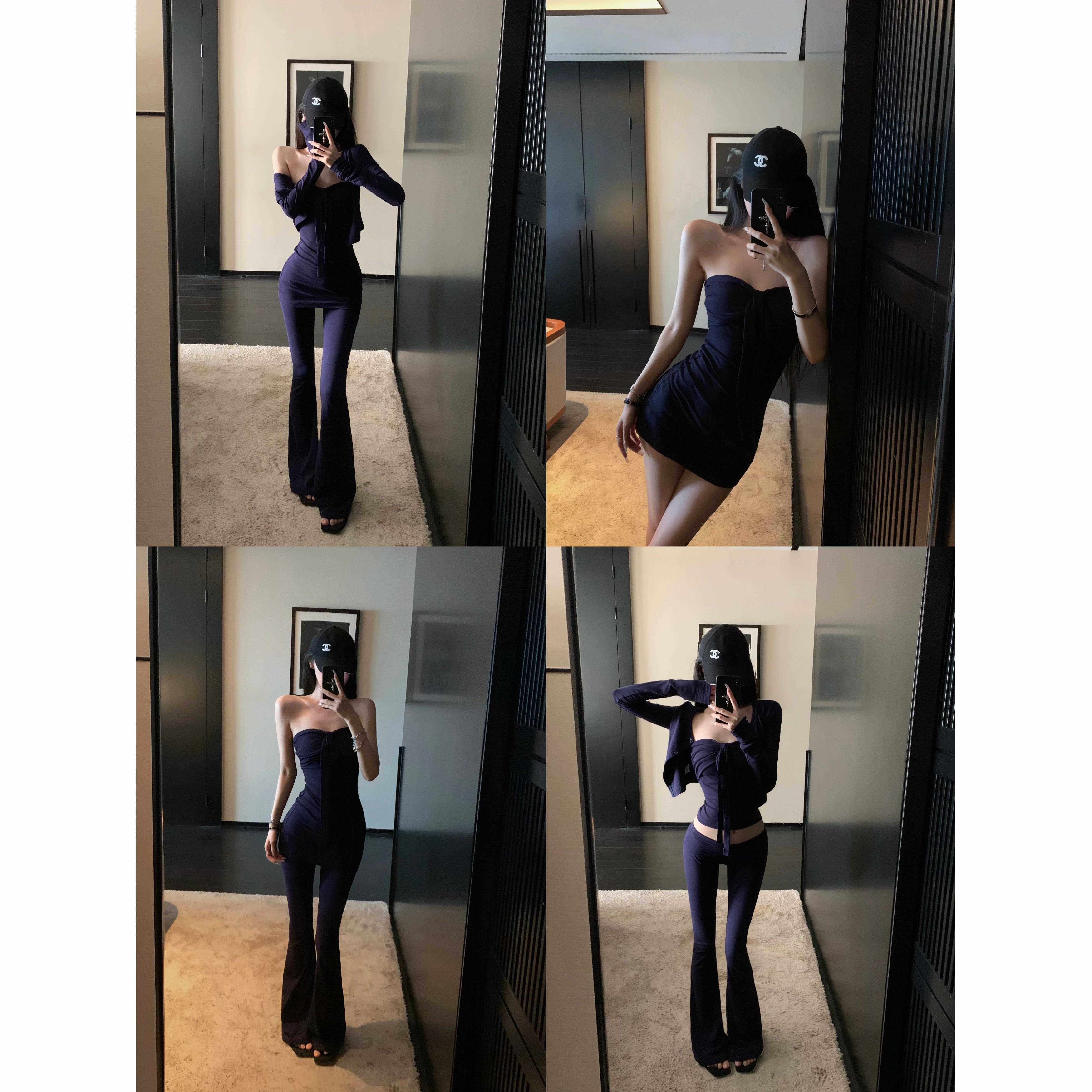 021ope 原创辣妹套组肤白貌美定染藏蓝色抹胸开衫包臀裙修身套装