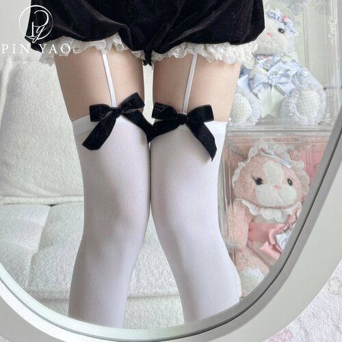 黑色学生袜女仆袜萌物蝴蝶Lolita可爱蝴蝶结丝袜女仆吊带袜丝绒