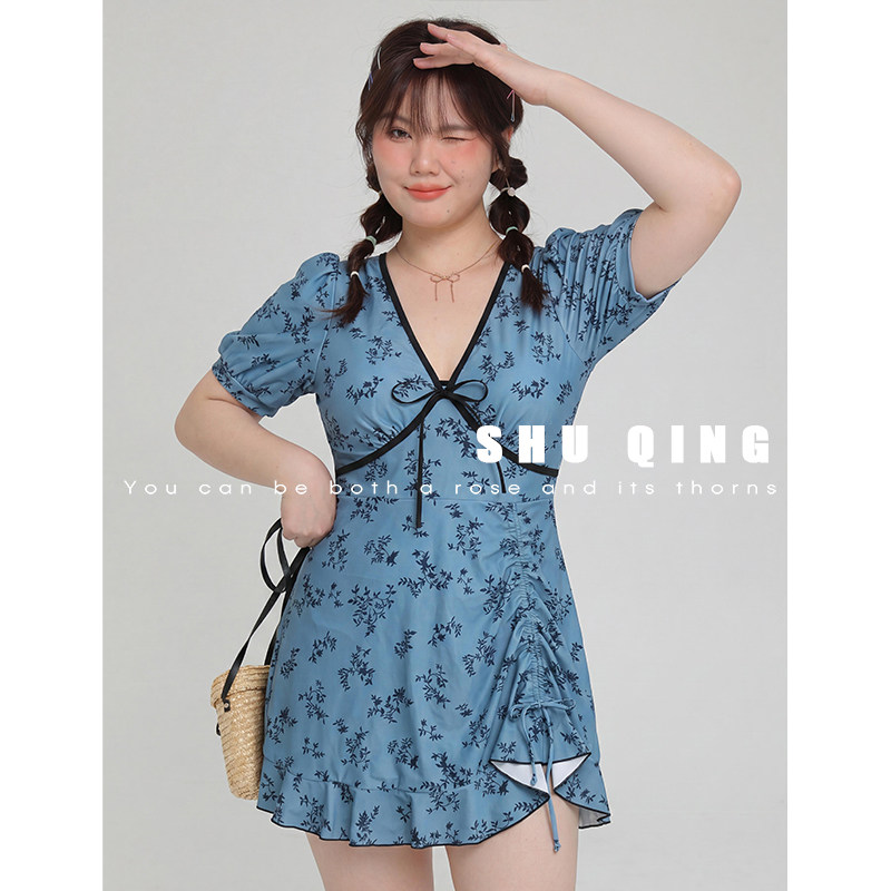 雾澜~2026新款V领碎花连体泳衣女 微胖显瘦裙式沙滩度假大码泳装
