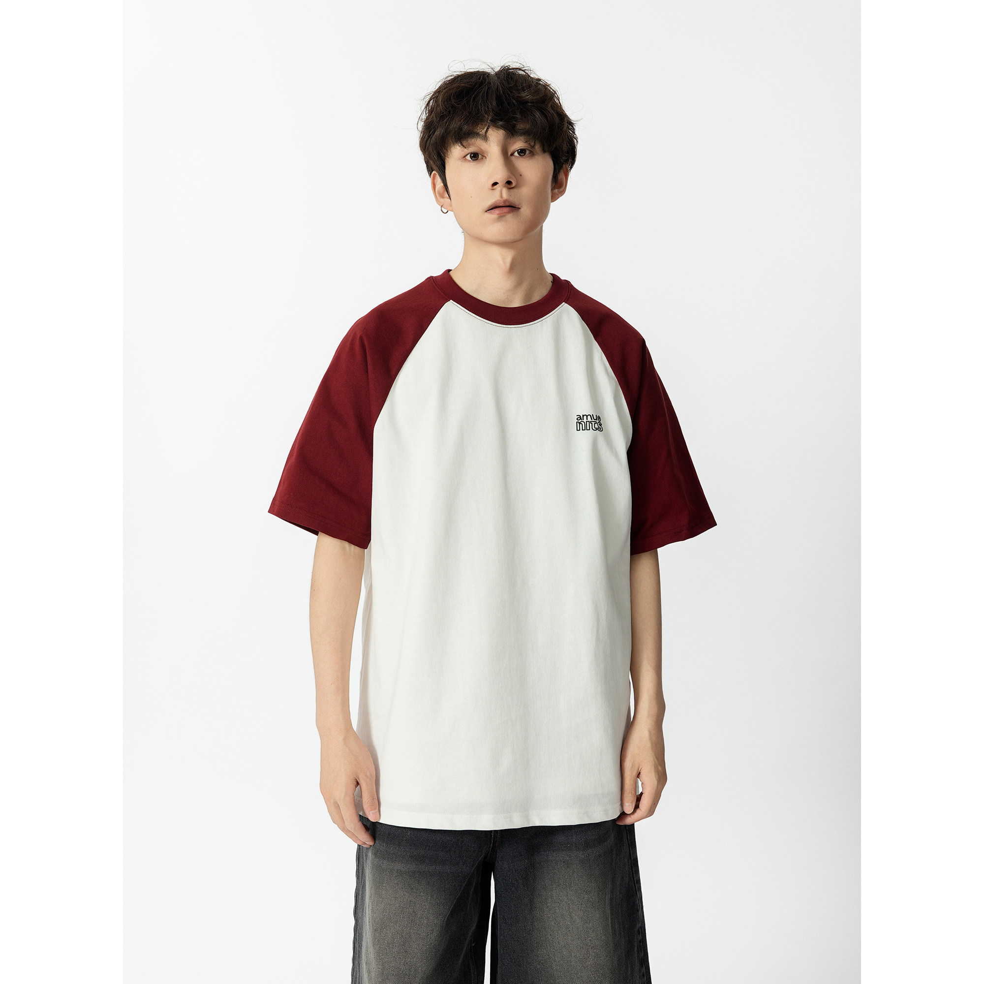 YOKE STUDIO 美式复古撞色拼接短袖T恤男cityboy夏季宽松T恤女潮