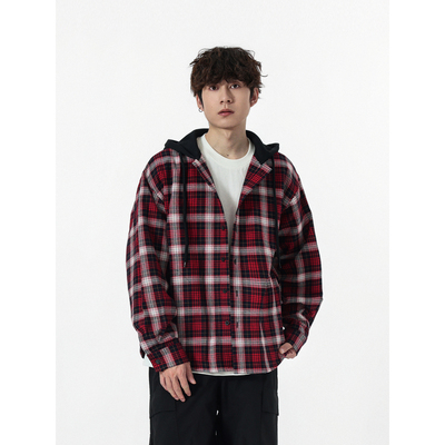 美式复古秋冬假两件格子连帽夹克