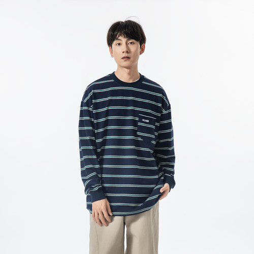TOKE  STUDIO 夏季新款日系条纹长袖T恤字母 圆领宽松休闲上衣男