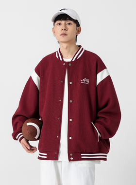 YOKE STUDIO 日系酒红拼接棒球服外套男cityboy字母刺绣休闲夹克