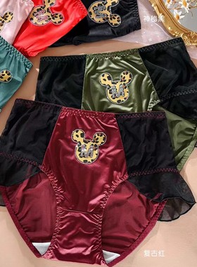 女士内裤网红爆款卡通米奇高腰大版丝绸缎面高弹包臀柔软三角裤衩