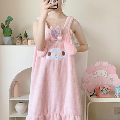 卡通美乐蒂浴巾女生可穿可裹洗澡大毛巾浴帽浴袍式浴裙可爱三件套