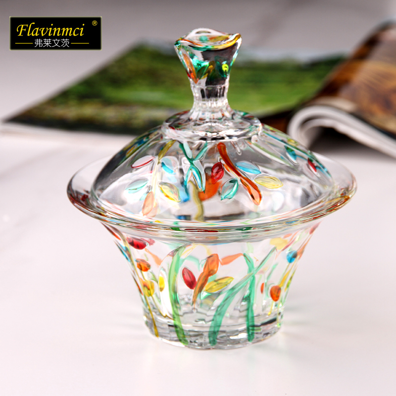 北欧风彩色玻璃糖果罐果斗零食盘家用客厅茶几干果盘带盖糖缸糖罐