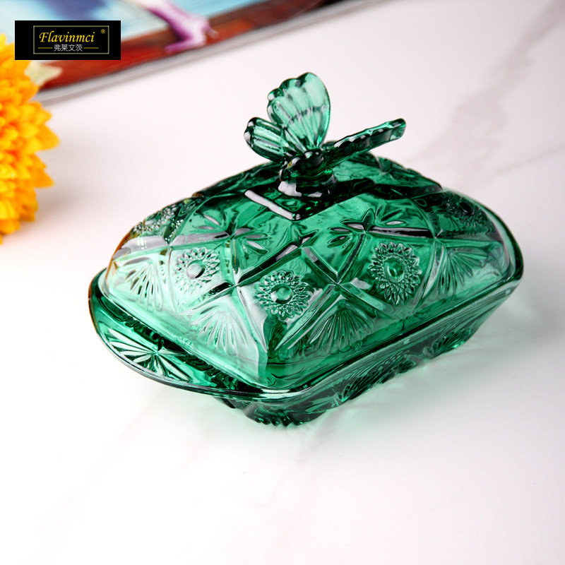 浮雕蝴蝶水晶玻璃水果盘创意黄油碟带盖糖果盘家用客厅零食干果盘