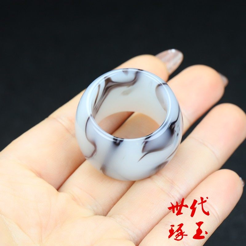 新疆和田玉青花籽料扳指勒子飘墨玉扳指青花鼓面扳指指环把玩件