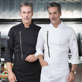 酒店高端拉链厨师长工作服白色纯棉长袖 定制 饭店西餐行政总厨夏季