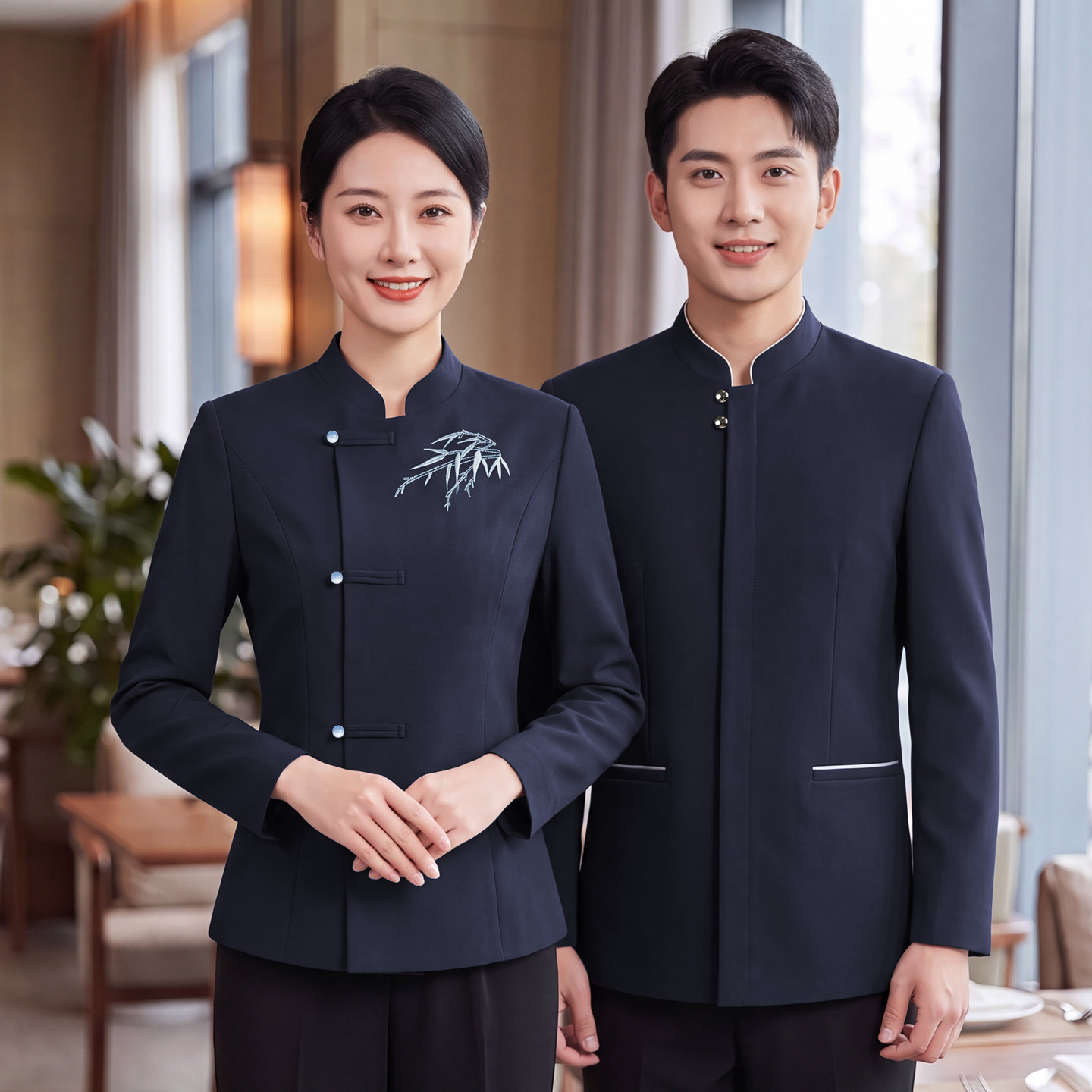 高端新中式餐饮服务员工作服定制图片