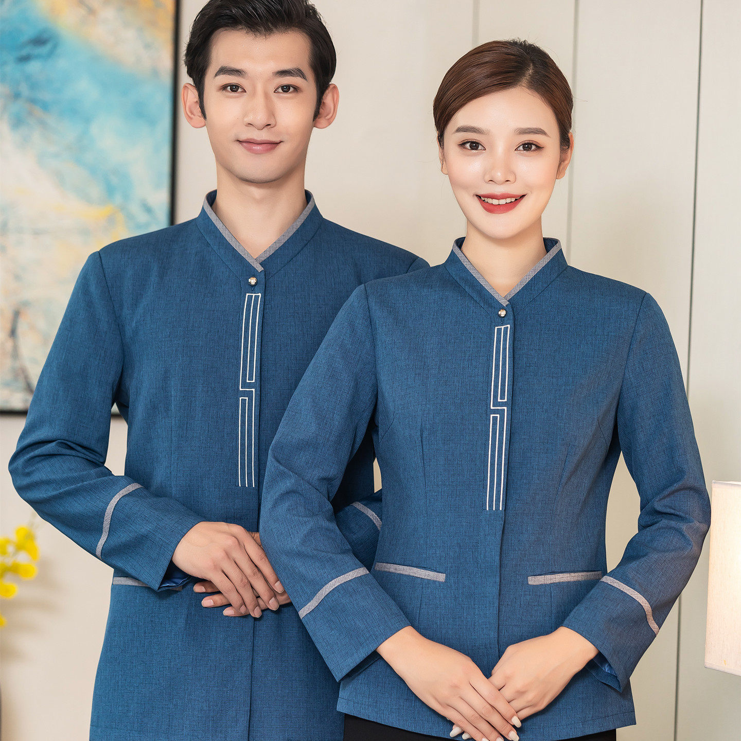 高端酒店宾馆保洁工作服长袖蓝色客房阿姨物业清洁制服秋冬装定制