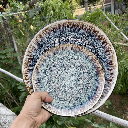 高档窑变蓝褐色陶瓷菜盘大盘中西餐厅沙拉水果盘异形小甜品点心盘
