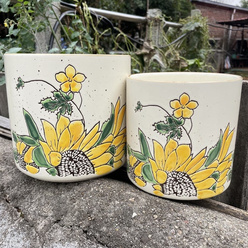 手绘向日葵陶瓷花盆收纳厨房汤勺饭勺子蝴蝶兰绿萝创意北欧干花筒