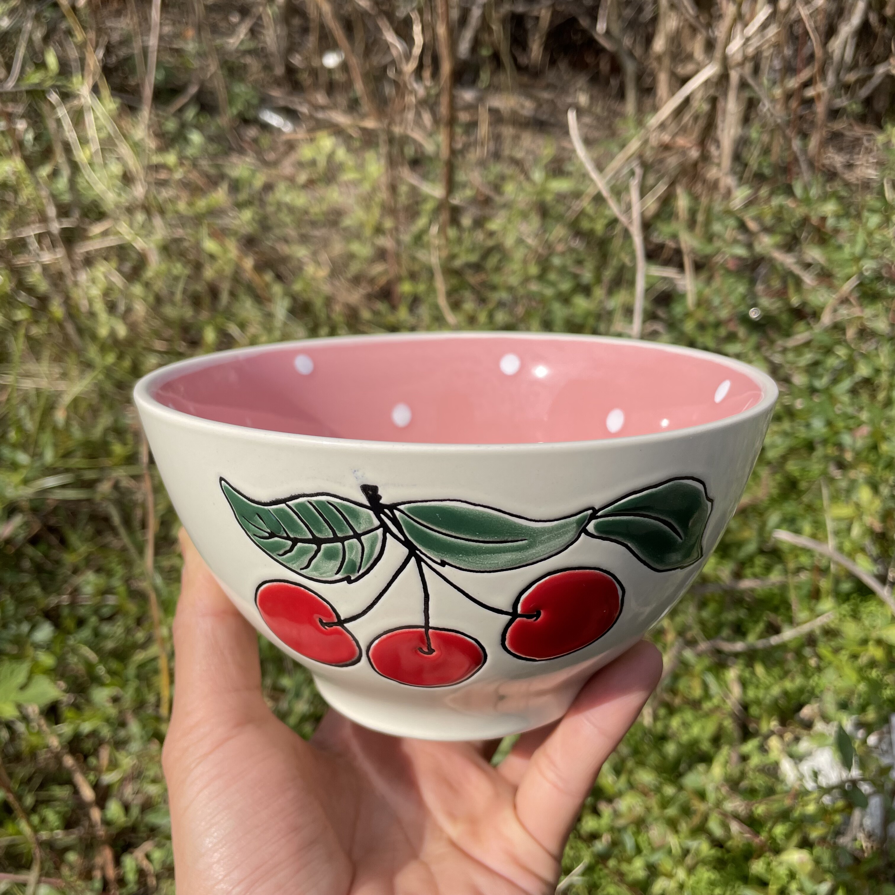 少女心粉色碗手绘樱桃家用菜碗可爱餐具陶瓷釉下彩高颜值ins面碗