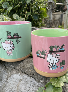 陶瓷花盆手绘凯蒂猫放筷子筒带孔厨房饭勺收纳桶罐子干花筒装饰品