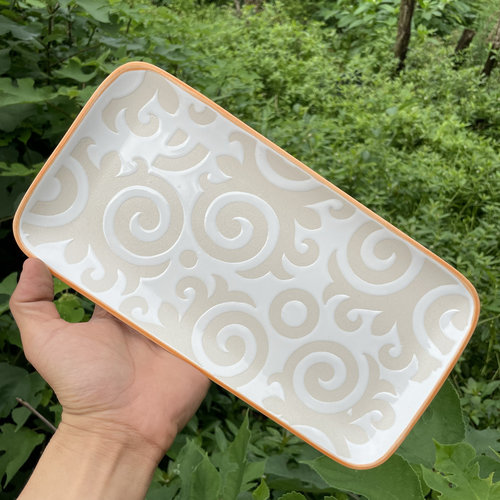 法式釉下彩浮雕长方形陶瓷鱼盘高温蒸鱼盘微波炉烤箱用寿司饺子盘