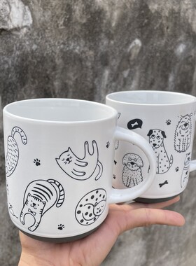 釉下彩卡通小狗创意大容量水杯可爱小猫陶瓷马克杯情侣对杯伴手礼