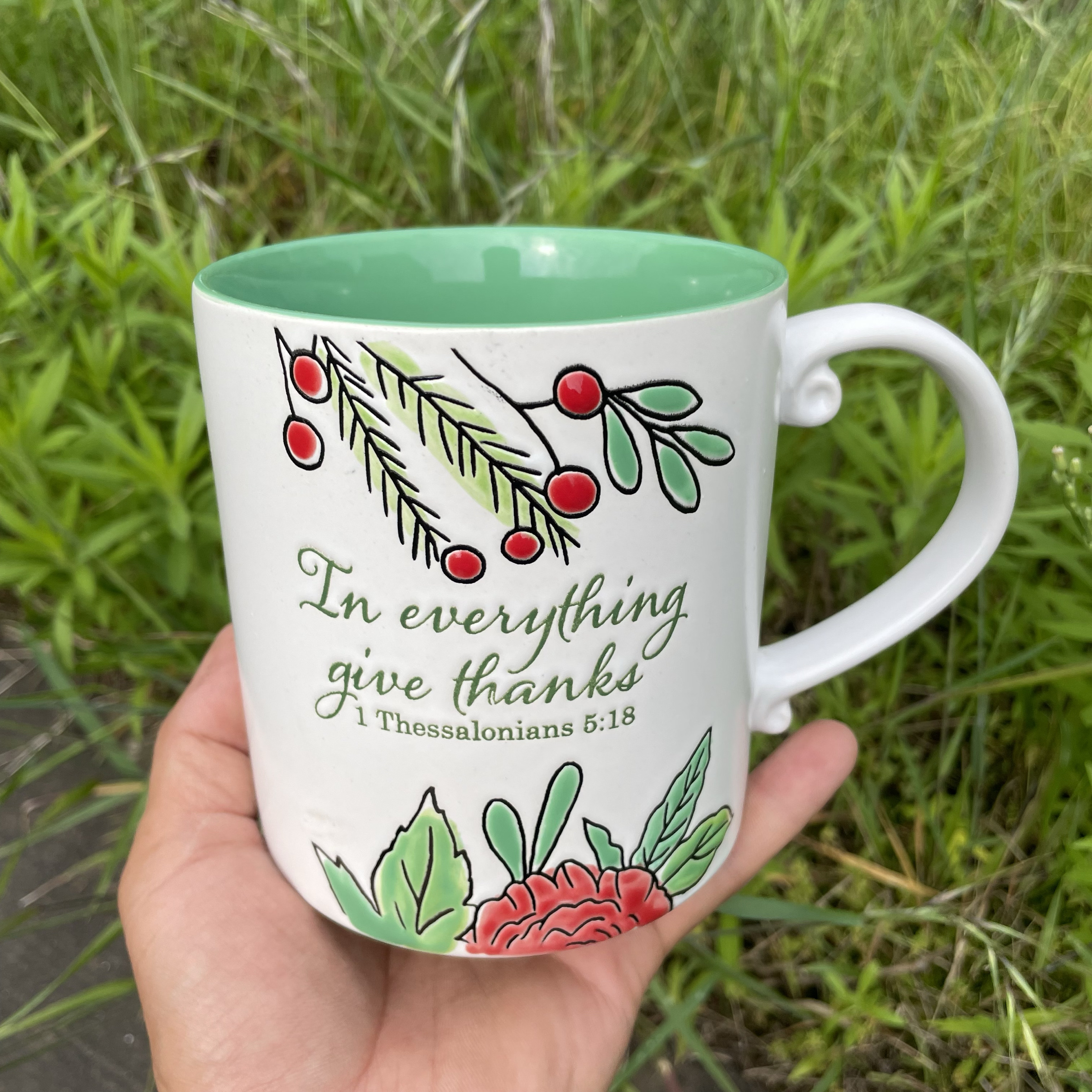 手绘樱桃玫瑰花大容量陶瓷马克杯家用600毫升创意个性水杯牛奶杯