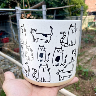 外贸捡漏浮雕猫咪陶瓷筷子筒中罐厨房汤勺饭勺收纳罐种花盆干花筒