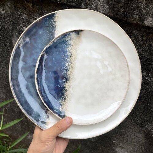 拼接色肌理纹窑变异形大小盘陶瓷简约撞色家居菜盘子高档外贸摆盘