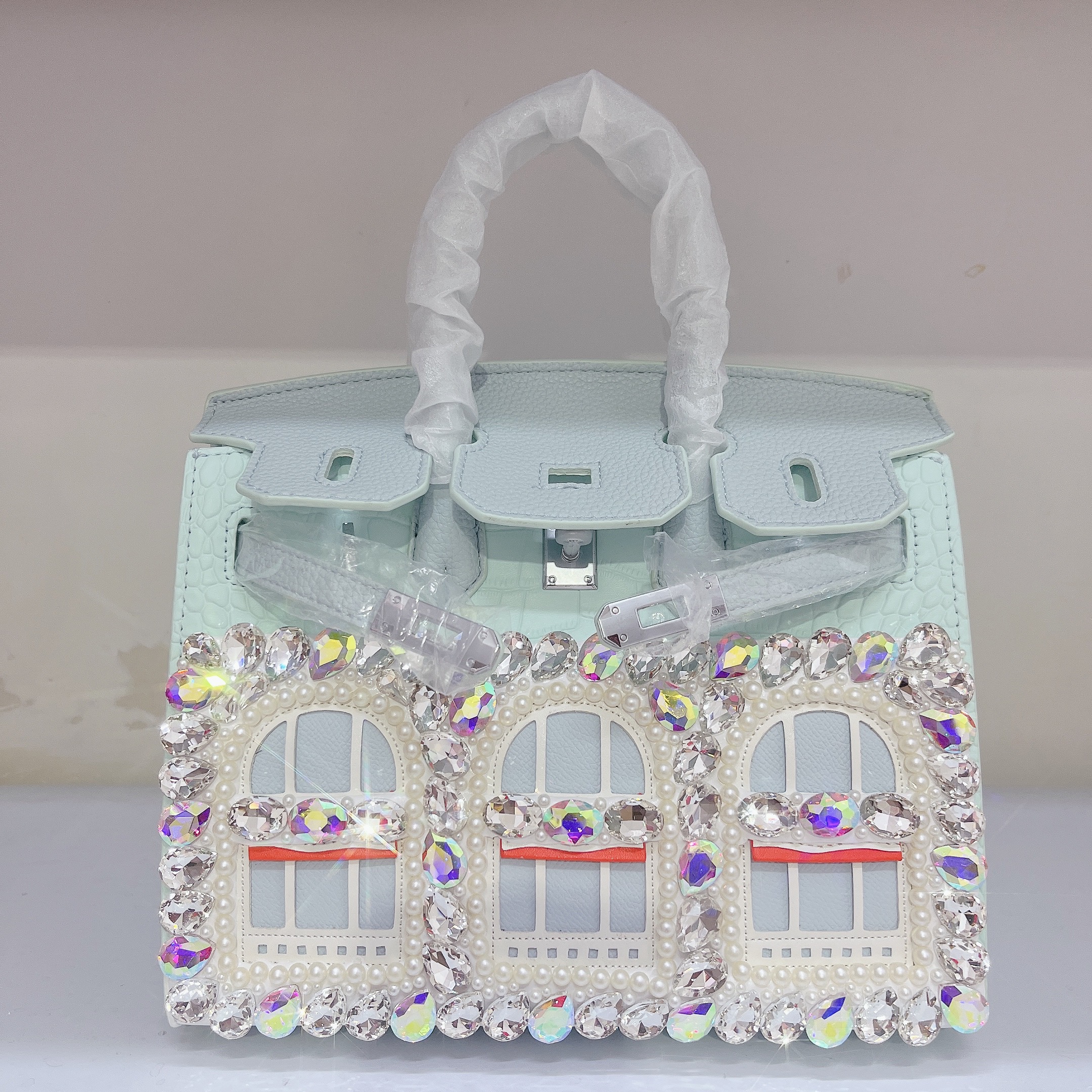 镶钻房子铂金包高级感手提真皮牛皮包包2025新款牛皮质感单肩斜跨