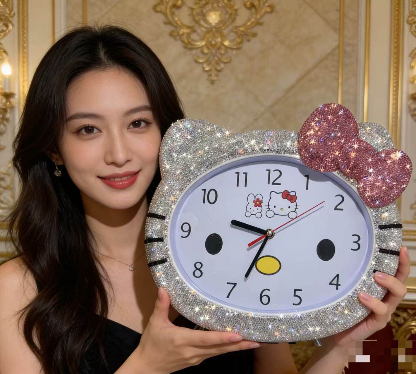 镶钻猫头静音挂钟卡通可爱幼儿园儿童卧室创意简约大挂钟