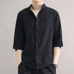 夏季立领洗水棉皱透气吸汗男七分袖宽松大码潮男装衬衣C1020-P24图片