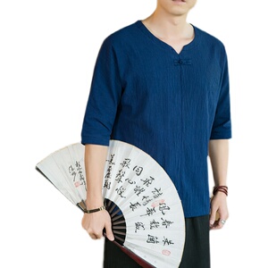 风咖啡厅宽松麻棉七分袖男士潮流加大码时尚短袖T恤T19-P-24图片