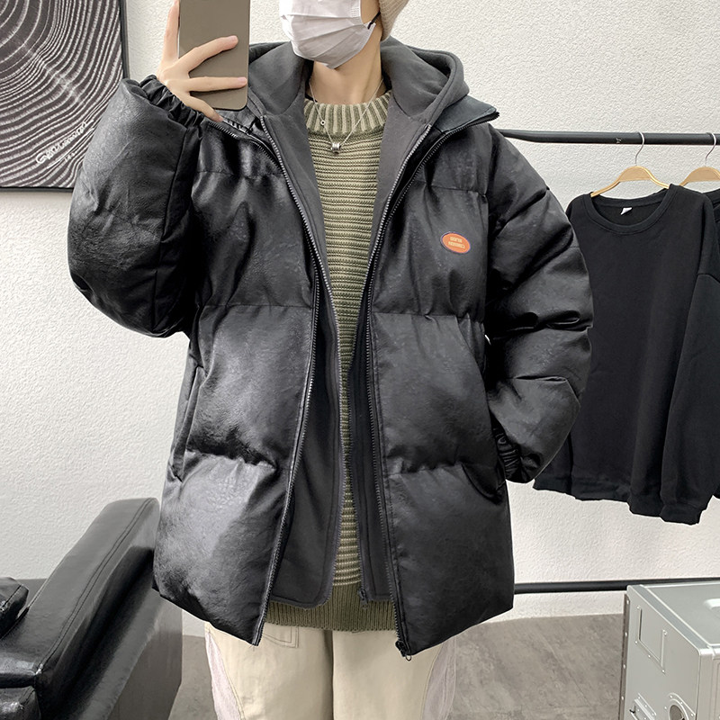 2023冬季新潮保暖加厚假两件连帽男休闲宽松PU皮棉衣M5116P110,男装皮衣,星座1109-2
