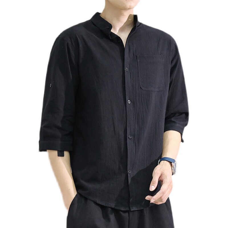 夏季立领洗水棉皱透气吸汗男七分袖宽松大码潮男装衬衣C1020-P24,男装衬衫,星座1109-2