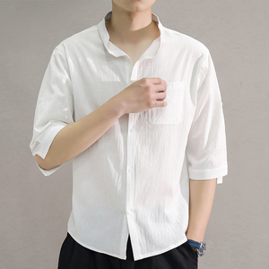 C1020-P24夏季立领五分中袖潮男士短袖衬衫七分袖大码衬衣男控38图片