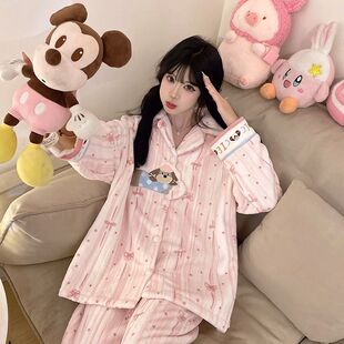 新款甜美可爱卡通法兰绒睡衣套装女冬季开衫加厚保暖家居服可外穿