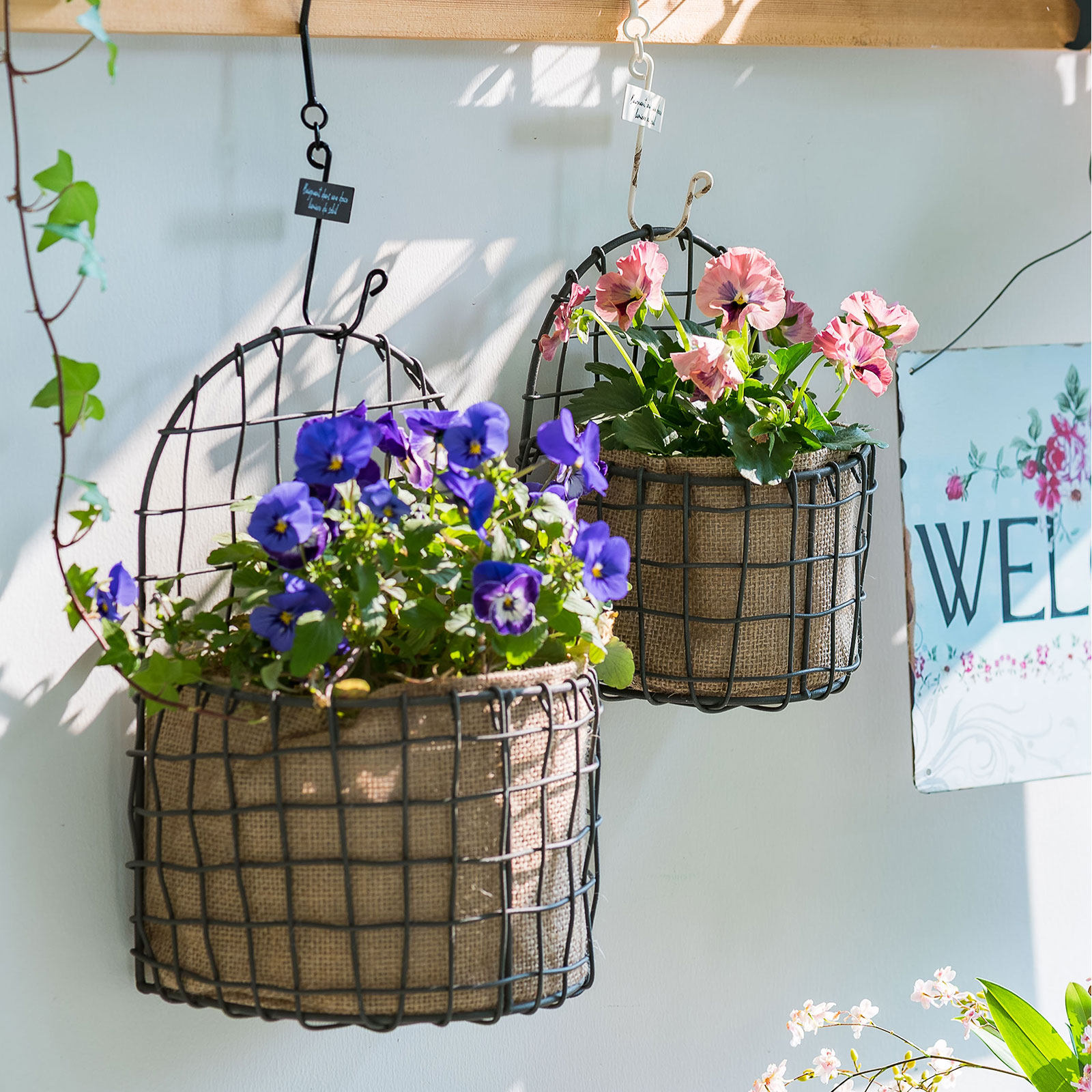 铁艺壁挂花篮半圆网格悬挂内衬麻布阳台装饰田园花园杂货草花盆栽