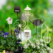 趣味花园插牌小花盆绿植盆栽花盆花园庭院铁艺花插装 饰风车小房子