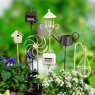 趣味花园插牌小花盆绿植盆栽花盆花园庭院铁艺3D立体装饰小房子