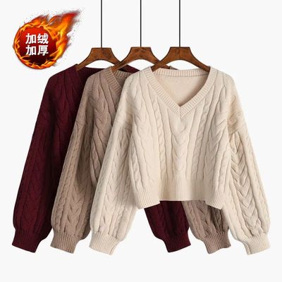 加绒加厚V领毛衣女2025新款宽松泡泡袖针织衫毛衣短款上衣打底衫