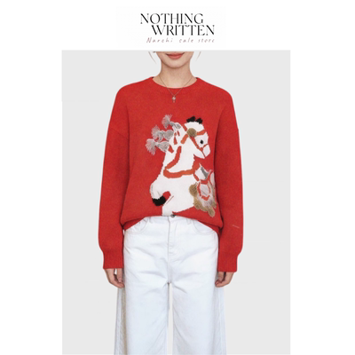 【现货】Nothing Written Narchi新年红立体刺绣毛衣宽松圆领小马