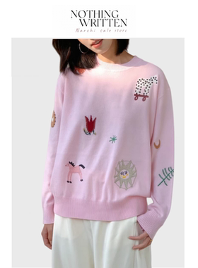 【现货】Nothing Written Narchi粉色圆领毛衣卡通刺绣针织衫上衣