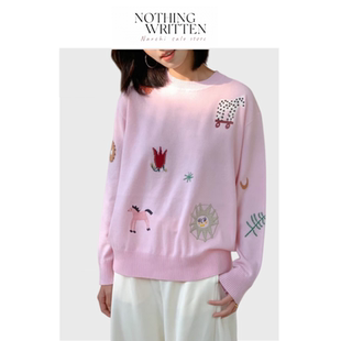 【现货】Nothing Written Narchi粉色圆领毛衣卡通刺绣针织衫上衣