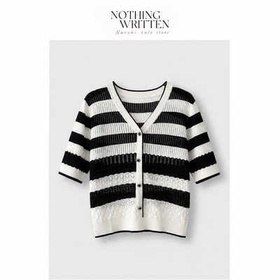 【现货】Nothing Written Narchi条纹中袖V领套头针织衫女上衣