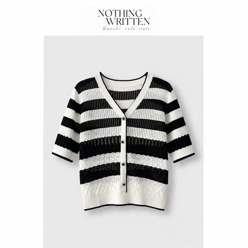 【现货】Nothing Written Narchi条纹中袖V领套头针织衫女上衣