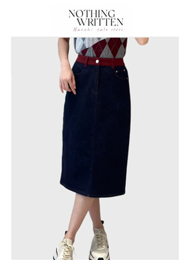 【现货】Nothing Written Narchi牛仔半裙女撞色红腰头高腰半身裙