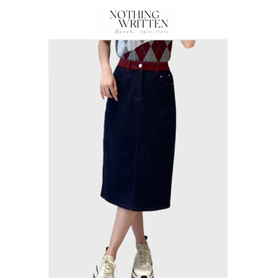 【现货】Nothing Written Narchi牛仔半裙女撞色红腰头高腰半身裙